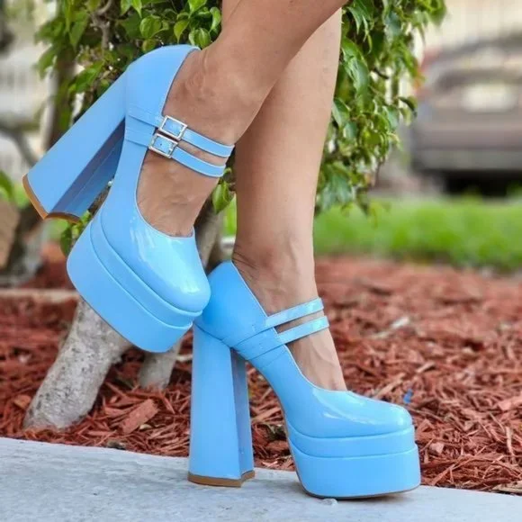 Women's Double Strap Patent  Platform Pumps Blue Color - Picture 3 of 6